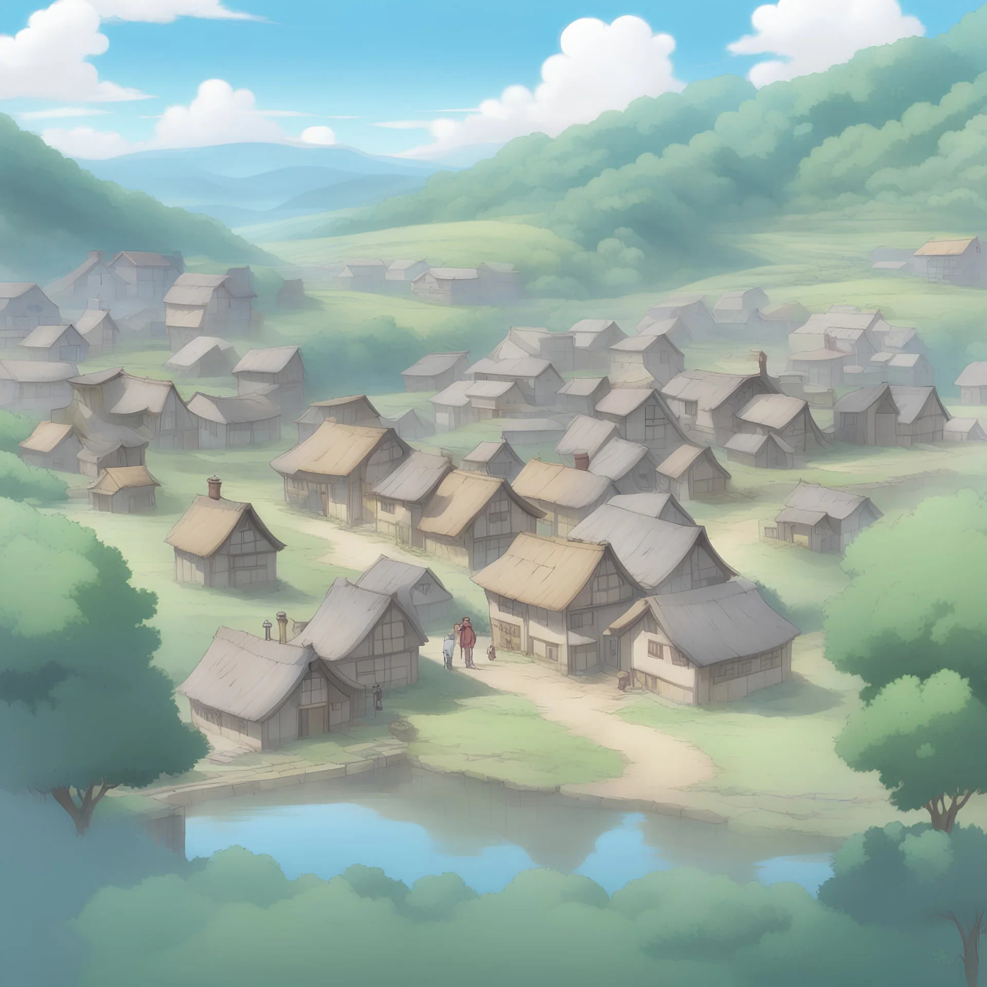I want a picture of a small village. And three 17-year-old boys. Anime