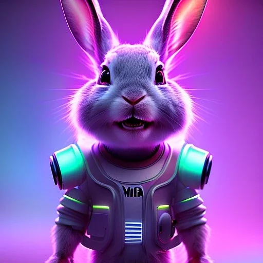 pixar style anamorphic cute cyberpunk rabbit baby, smiling, full body, magenta puffer jacket, manila city backdrop, hyper realistic, unreal engine 5, 16k,cinematic background