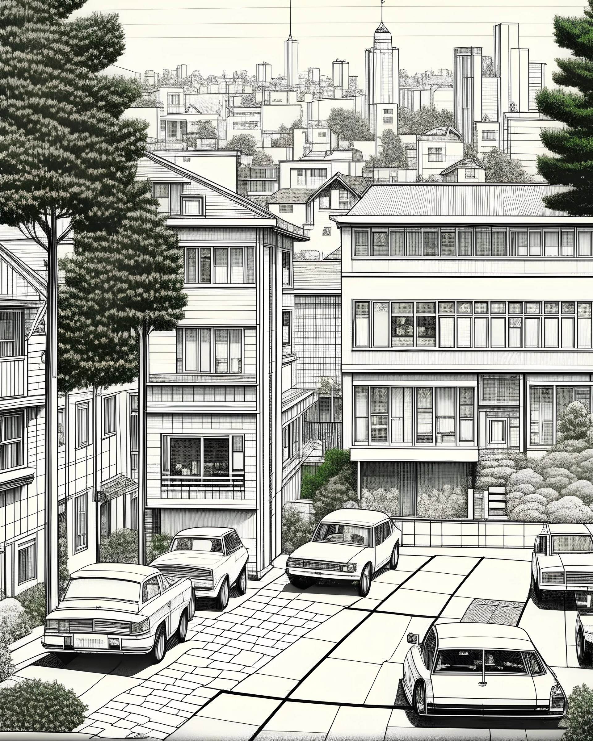 Architectural drawing of an urbanization of two-story houses, streets, trees, people and cars