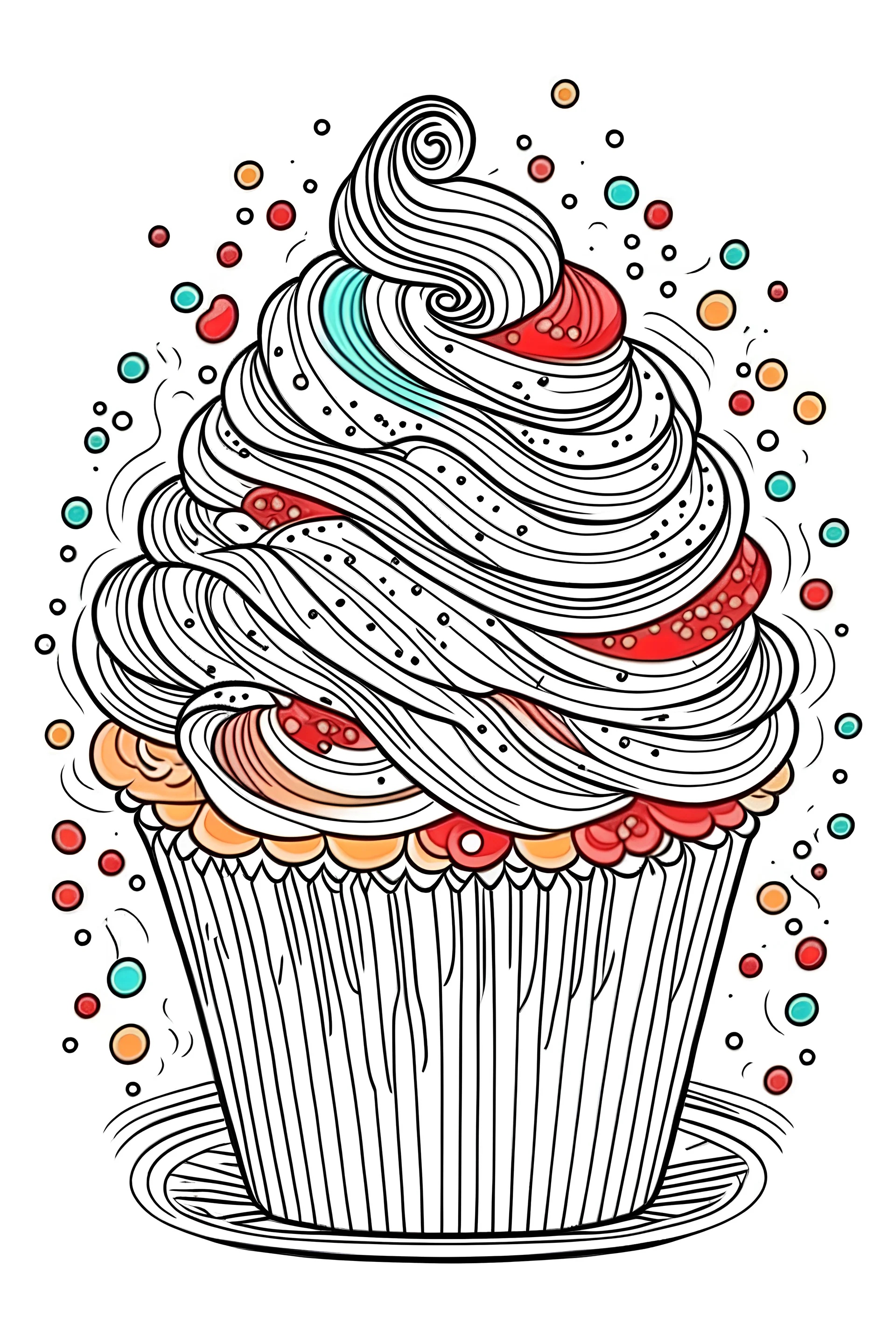 color sketch for coloring book, Christmas-themed, Festive holiday cupcakes, kid style, full body, cartoon style, clean and simple clip art.