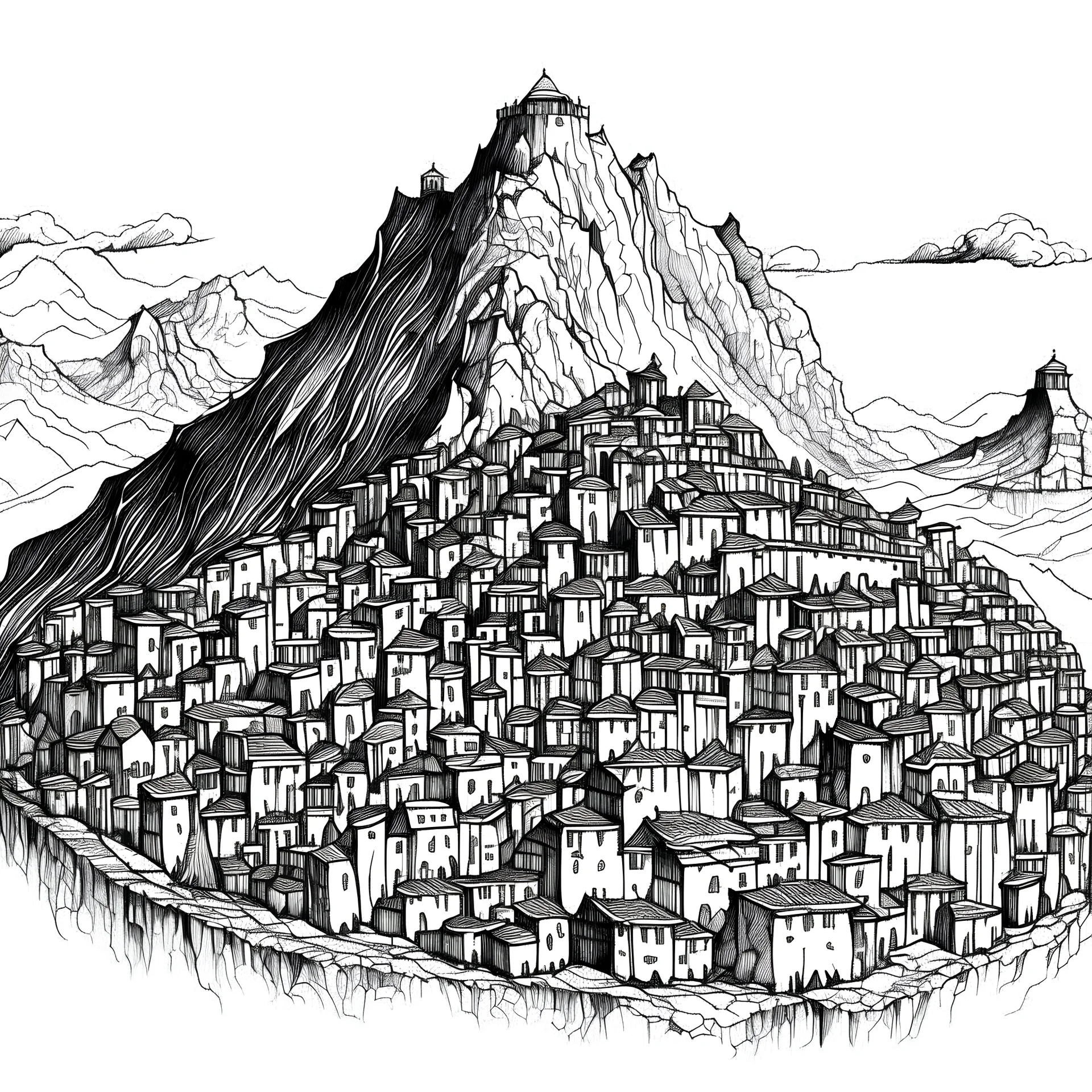 una ciudad amurallada bajo una montaña, boceto a pluma, blanco y negro. HD