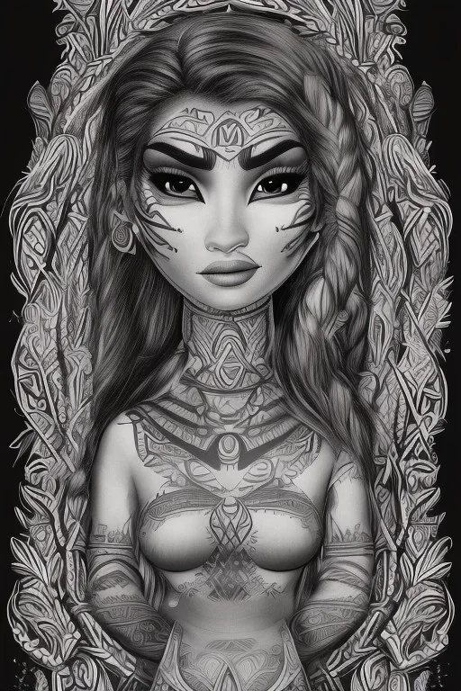  Portrait female Maori Chief color accents on black paper silver filigree iron maiden pastel Maori tribal tattoos, bow with arrows, full detail, 4k, style of Cosmopolitan