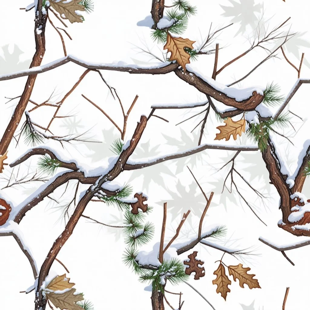 detailed Real Tree Camouflage made of sticks, twigs, tree bark, dried oak leaves, pine branches, snow and dirt, white background, seamless repeatable texture pattern imitating a natural forest background, add details