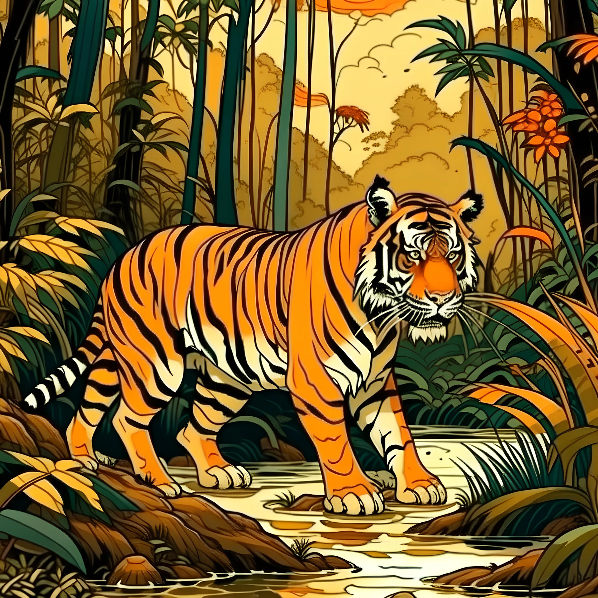 Indian tiger art like this https://www.sundarbanwildlifetourism.com/wp-content/uploads/2022/05/sundarban-tiger-safari-india.png in ukiyo-e art style with inspiration from the gucci tiger, make it passive aggressive, great detail