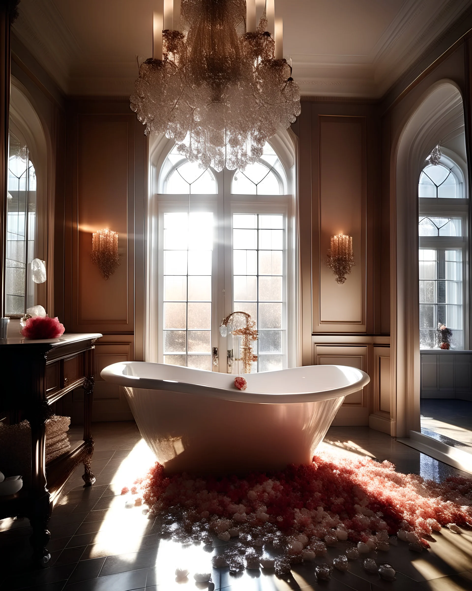 A luxurious, contemporary bathroom with a freestanding bathtub, glistening marble tiles, and a crystal chandelier hanging from the ceiling. Sunlight streams in through a large window, casting intricate shadows. The bath is filled with rose petals, exuding an atmosphere of relaxation and opulence, Photograph, 35mm lens, focusing on the intricate details of the elegant space.