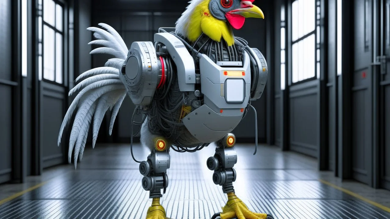 CHICKEN robot, sci-fi, cyberpunk, full body, ultra realistic, virtual reality