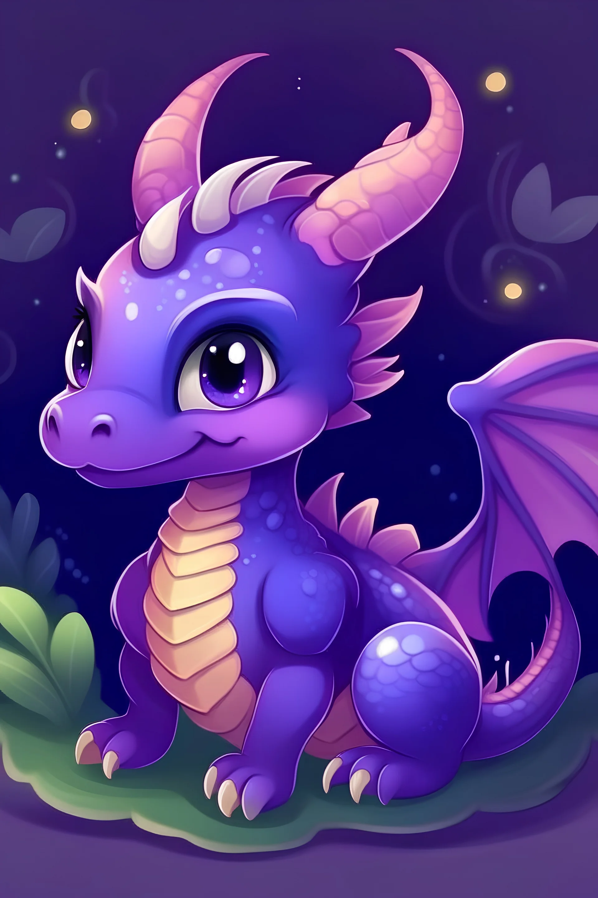 Generate a picture of a cute purple dragon fanart