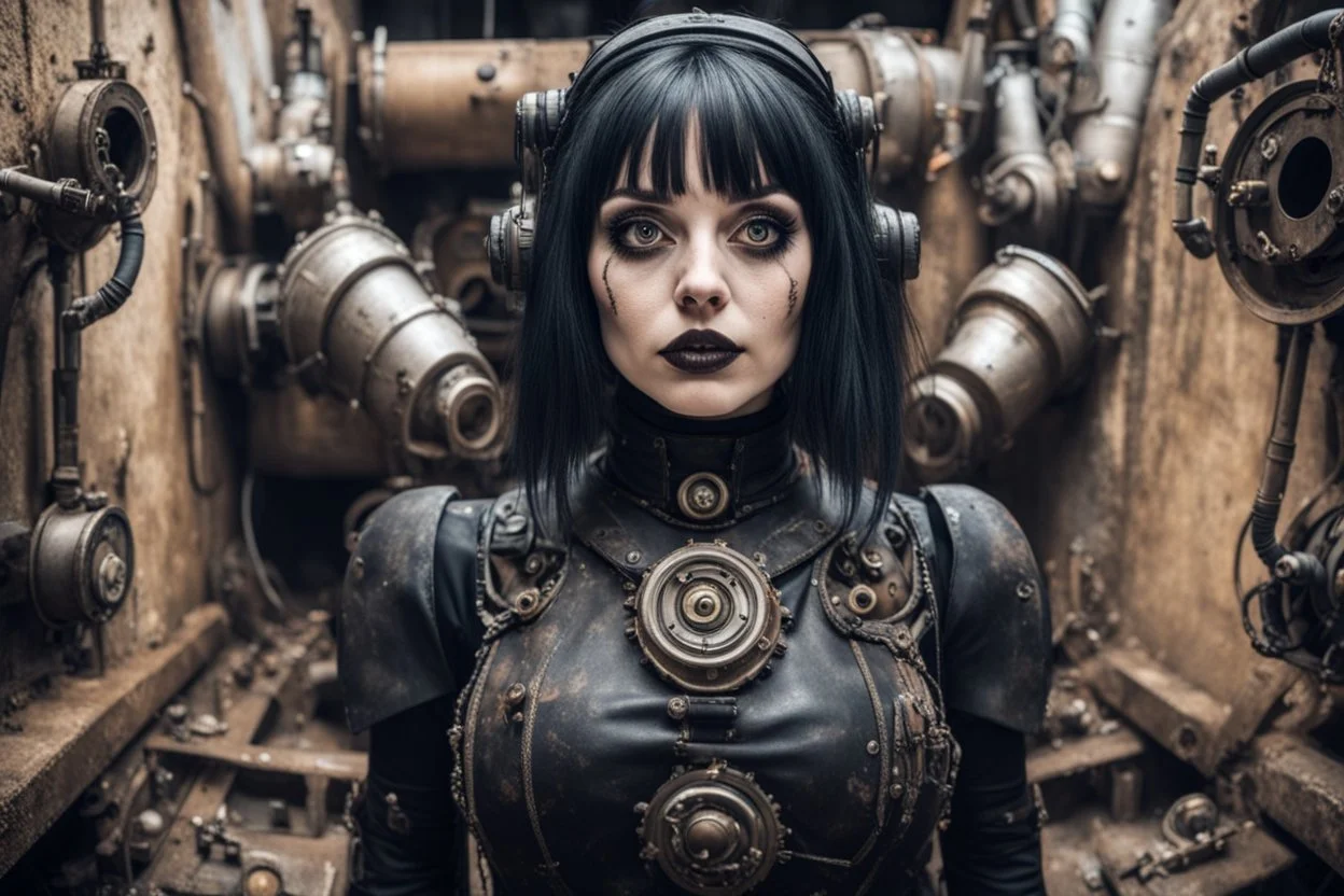 Closeup tall Girl goth with big eyes, ragged clothes, fullbody, dieselpunk, valves and old robots behind, the perspective looking up from the bottom of an empty well , 8k,macro photography,