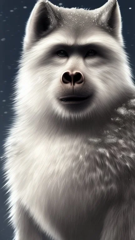 Une créature a l'aspect général d'un primate avec une tête de loup. Son pelage est blanc neige. Il est aveugle et possède un long museau