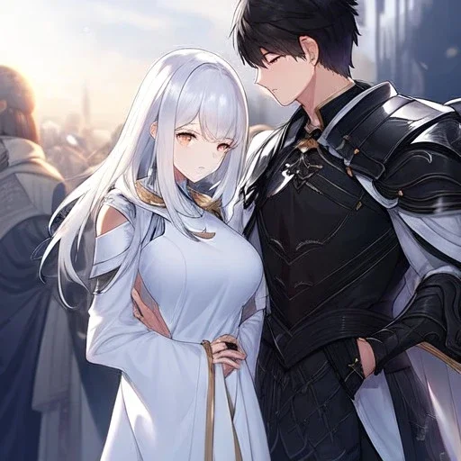 Girl with white hair wearing white robes. Boy with black hair wearing leather armor