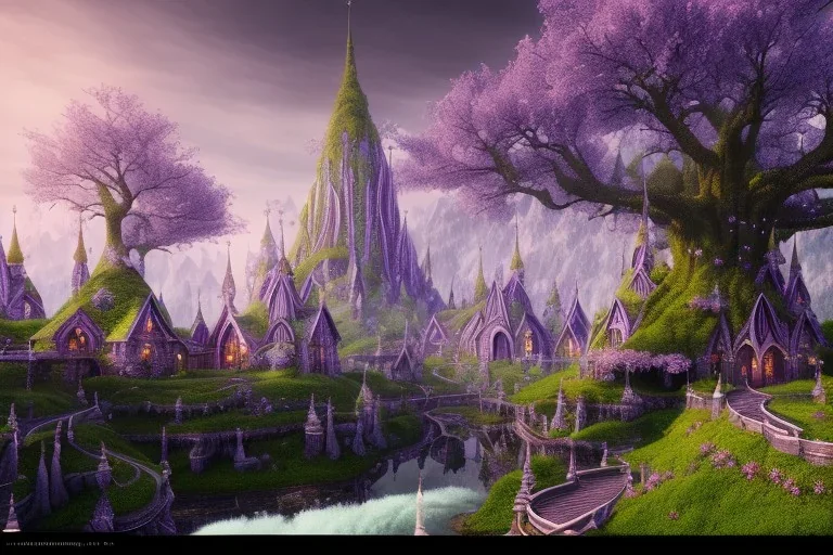 Immersive​ fantasy elven town city in the deep forest with ancient elder tree beautiful blossom nature river 4k full hd