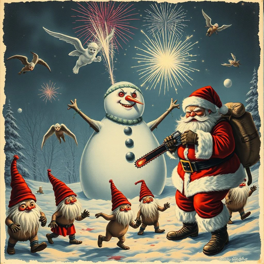 there is no kebabs at christmas, evil naked Santa, evil gnomes running around, staring flaming eyes, evil Rudolf, very big evil melting angry Frosty the snowman in background, 1940 christmas postcard, blood stains, Flying angels, Santa holding a chainsaw, fireworks,