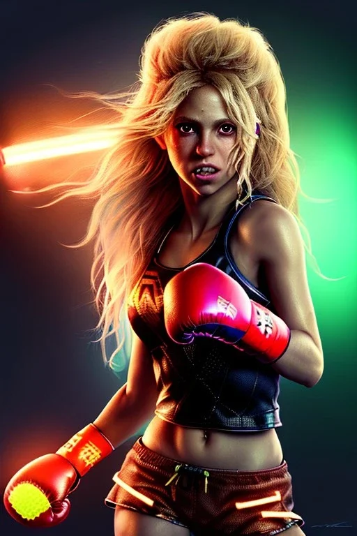 portrait, Shakira, blonde artist, angry, Realistic image, boxing robe, hoodie dress. loose long hair, eyes make up, perfect, glow, circle iris. Neon colors, leds, geometric shapes. Dark background, photo studio, neon lights. Mad max, concept art, smooth, unreal engine 5, god lights, ray tracing, RTX, lumen lighting, ultra detail, volumetric lighting, 3d, finely drawn, high definition, 4k.