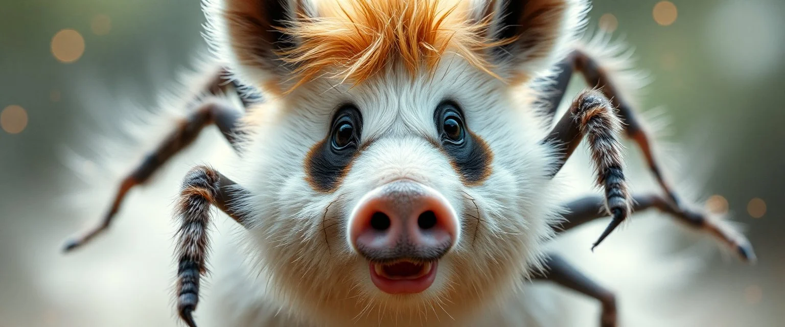 the high speed magical face of a fluffy panda horse pig spider