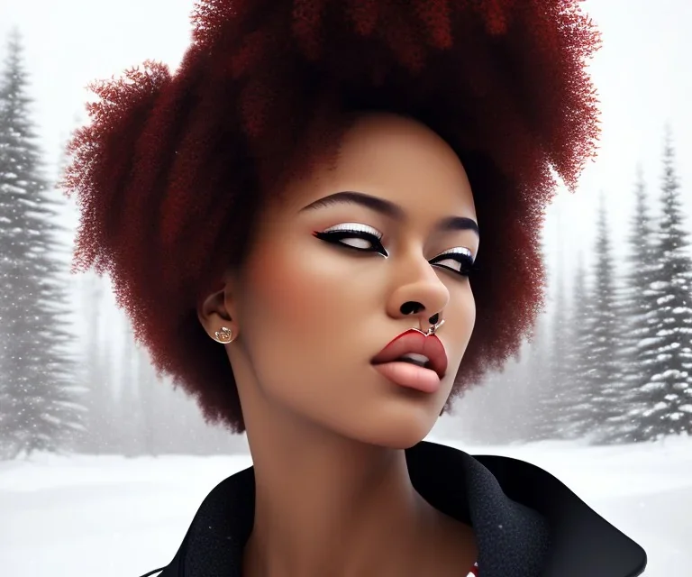 Crying girl, sad, expressive, emotive, frowning, furrowed eyebrows, pouting lips, African American, afro hair, looking out window, blizzard, snow, red sweater, delta sigma theta, drinking coffee, hazel colored eyes