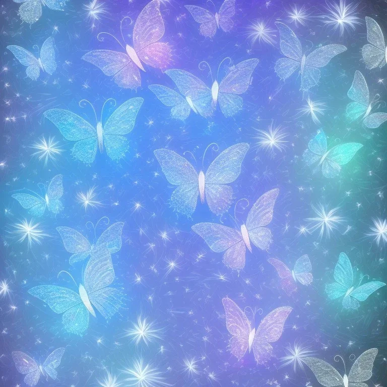 subtle transparent bright glitter blue butterfly, light, galactic, subtle flowers