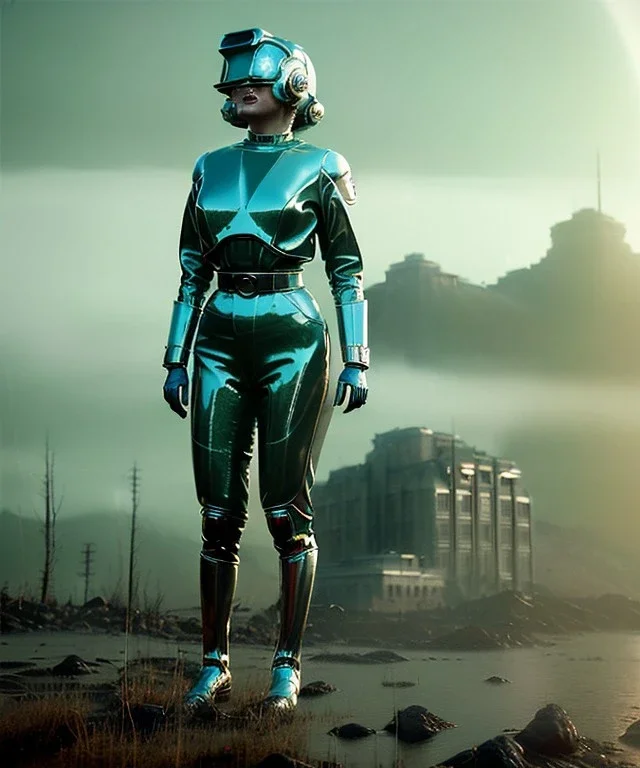 Ultra Realistic retro sci-fi 1960 scene, waist up view portrait, blonde woman, sweet young Marilyn Monroe face, perfect iris, tight latex coat, Strange planet background, Retro sci-fi style latex helmet, fog, rain, soft color, highly detailed, unreal engine 5, ray tracing, RTX, lumen lighting, ultra detail, volumetric lighting, 3d, finely drawn, high definition, high resolution.