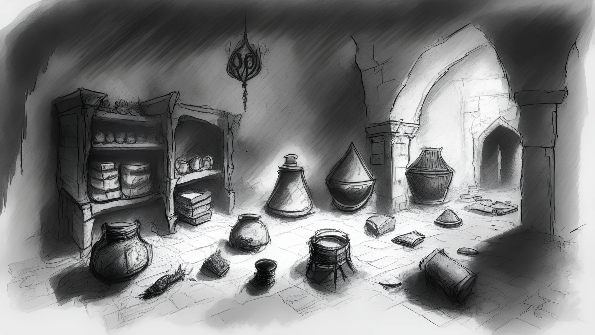 sketch of a scary dark room in an Omani dark castle and a lot of items on the ground and white background