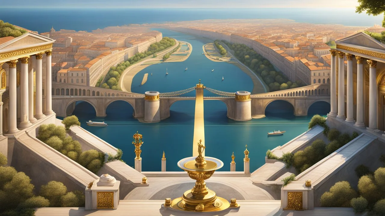 a roman city divided by a river next to the ocean. seen from a hill. perfect symmetry. marble and gold. fantasy.