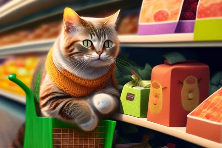 cute contented cat is shopping in a foodstore in sunshine. Food, fruits