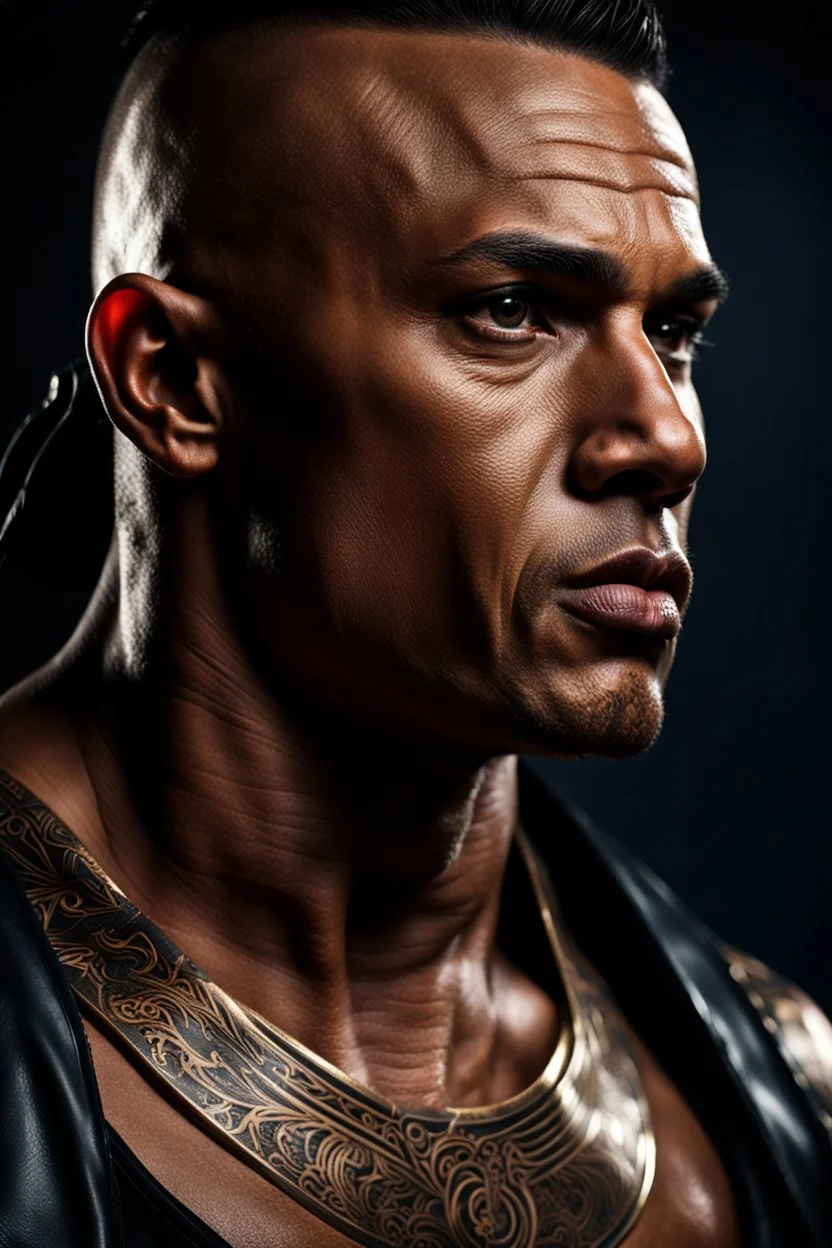 portrait of a 35 year old Handsome muscular warrior with light bronze skin adorned with tattoos. photorealistic