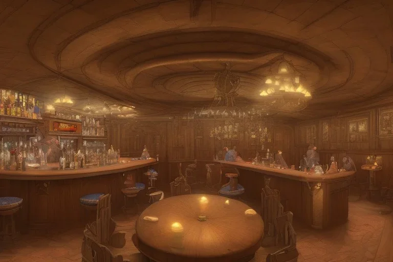 an inn, with a large dining room and a bar on one side. At the bar, a larger, older man with no hair is standing, conversing with a dwarf sitting in a bar stool on the other side. A large fireplace is lit in the center of the room. In addition to that, there are a handful of guests scattered around the room…