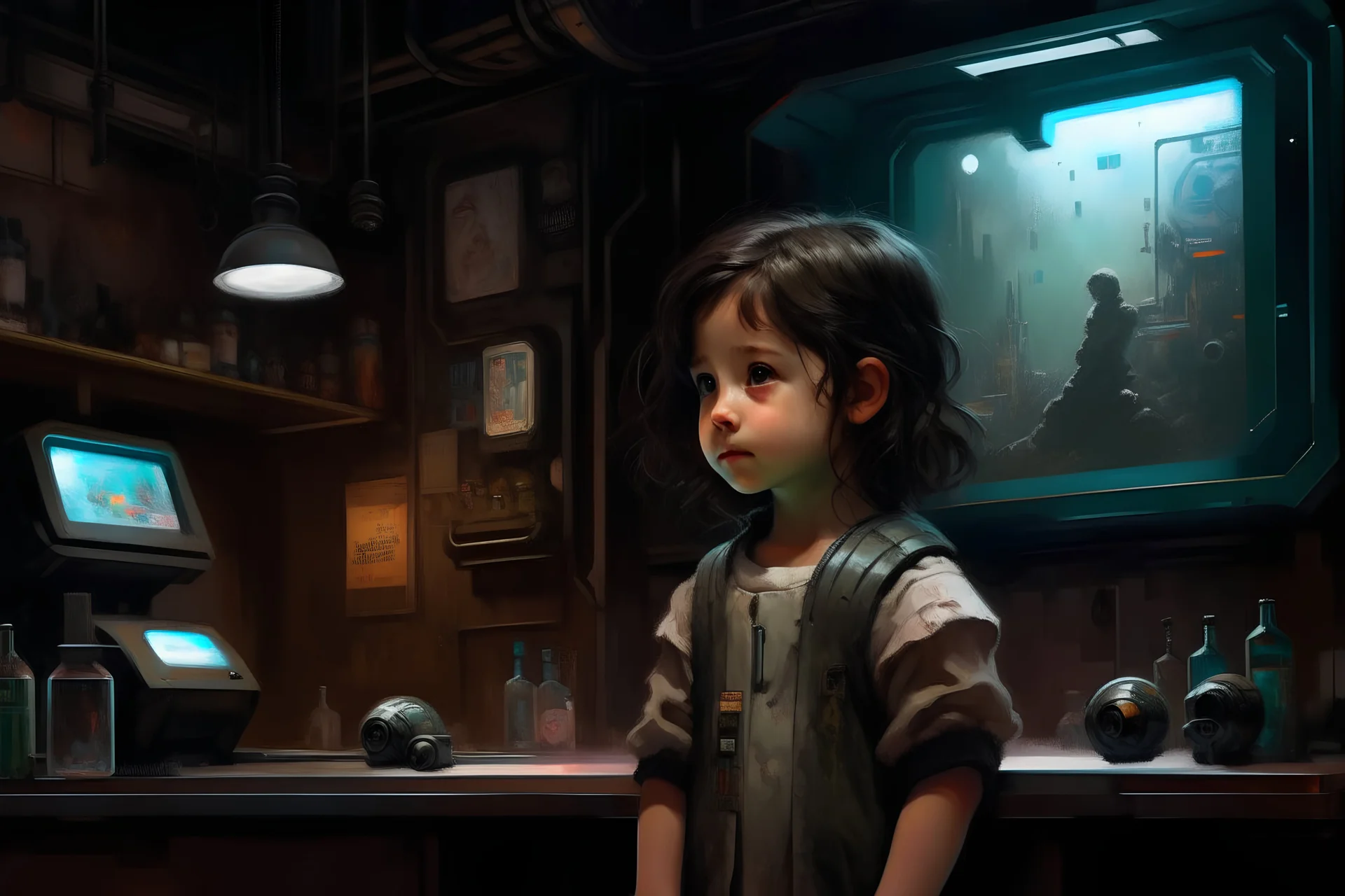 Little girl with dark hair in Cyberpunk wunderkammer painted by Rembrandt, unsane details, soft colors