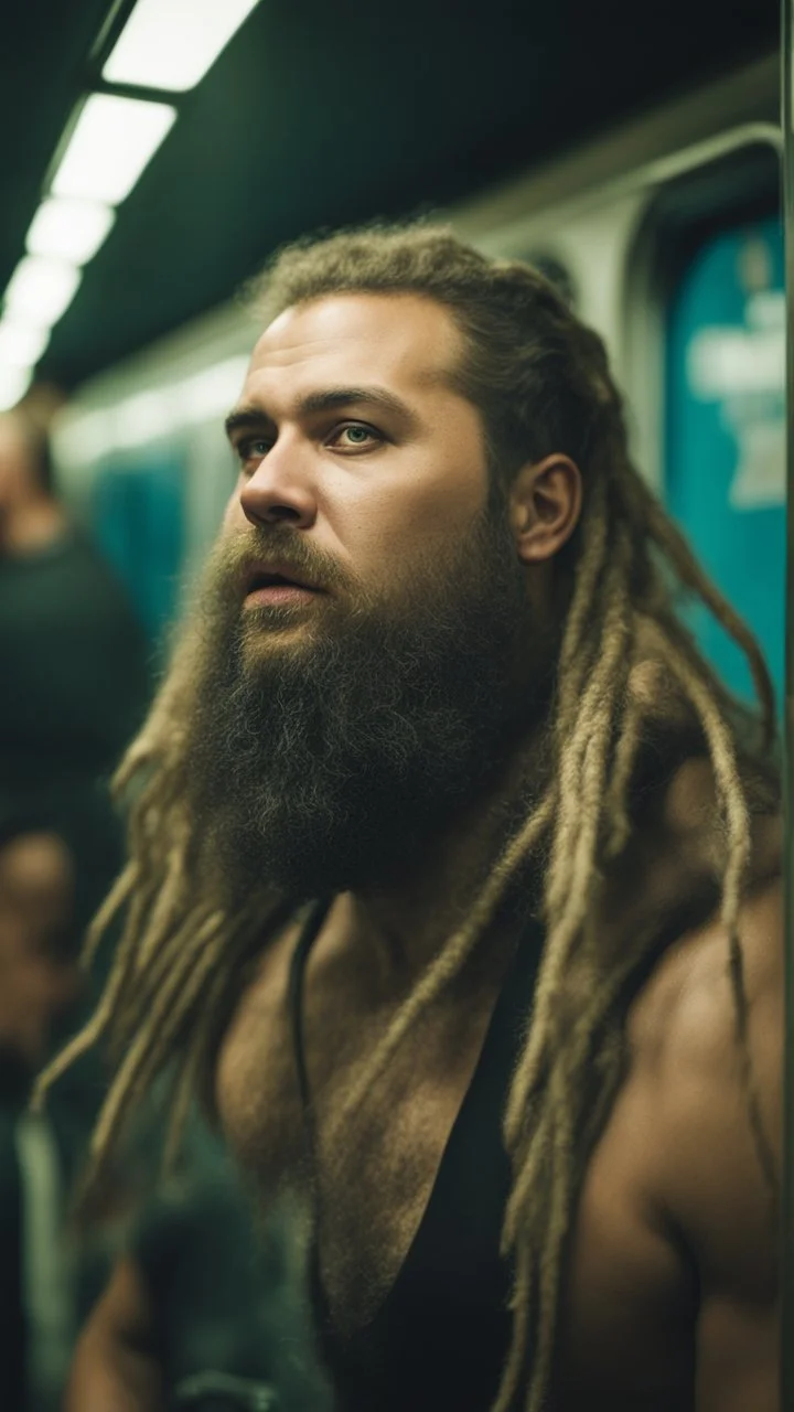 full figure photography of an ugly dirty gipsy burly muscular chubby stocky strong man 31 years old with raided beard, dreadlocks, manly chest, hairy , ajar mouth, photorealistic ,shirtless, bulging shorts, side light, inside a crowded subway station , neon lights