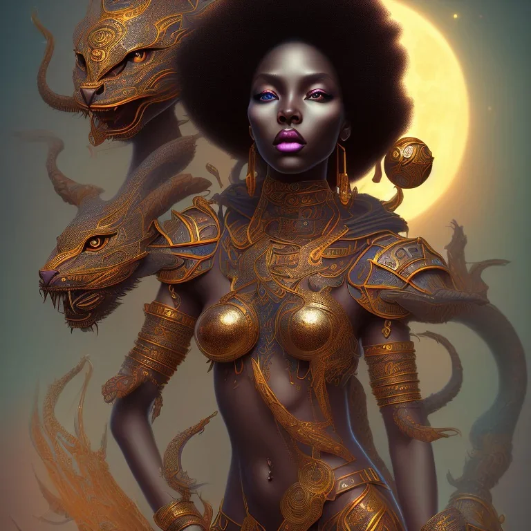 sango fantasy, fantasy magic, intricate, sharp focus, illustration, highly detailed, digital painting, concept art, matte, masterpiece head sexy lady body black African beauty space lady black leopard skin one head African afro sun, high key lighting, volumetric light high details psychedelic background