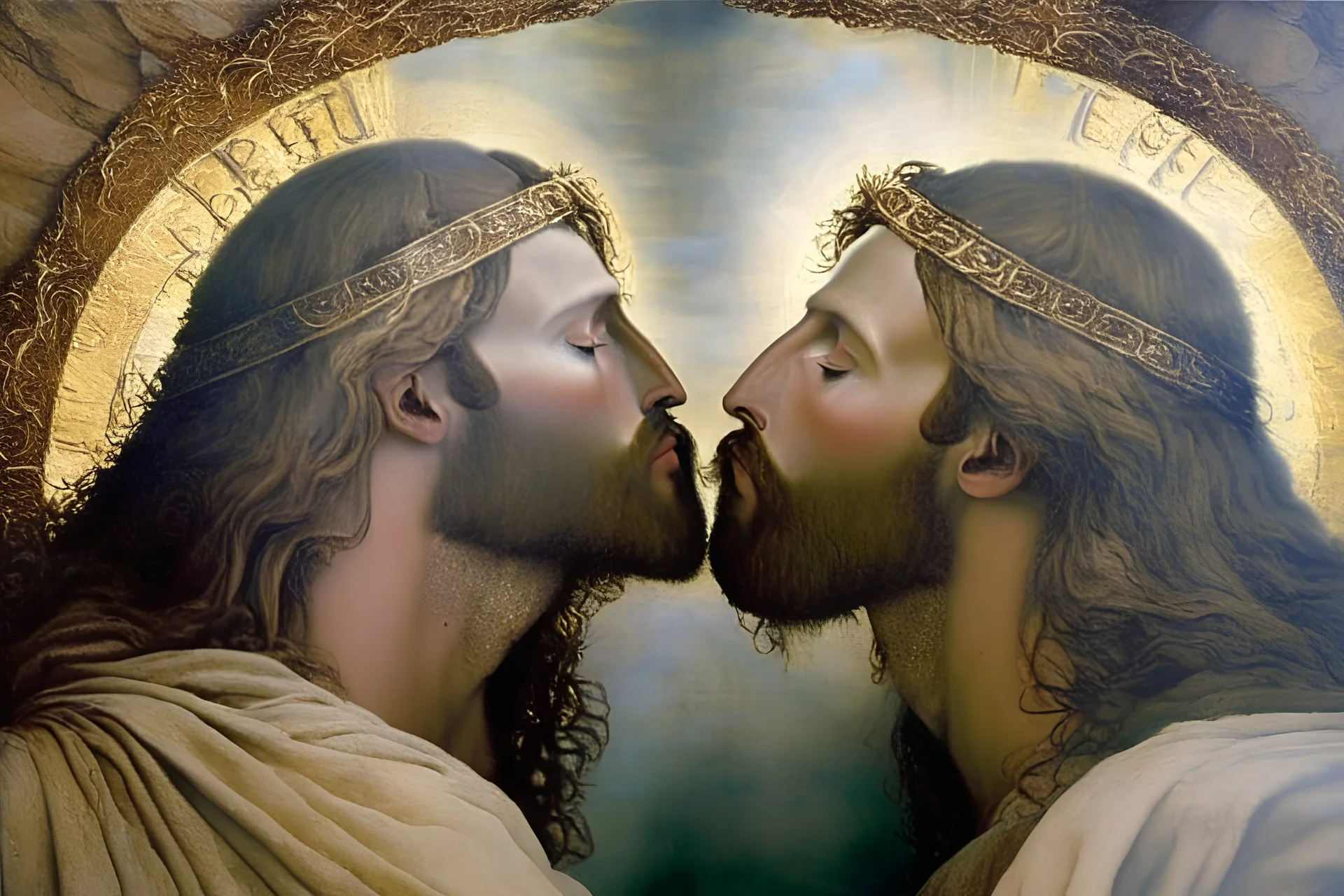 egy másik szakállas férfival jézus smárol and gloriás Jesus Christ flirtatiously kissing picture, rich in detail. They were loosely dressed. They are very much in love with Jesus On the edge of the abyss, where the eternal abyss is and everything is embraced around them by beings of light. There are also ape-men and big black shadows with hoods and stoles. 4K Blurred image of Jesus with a monkey head