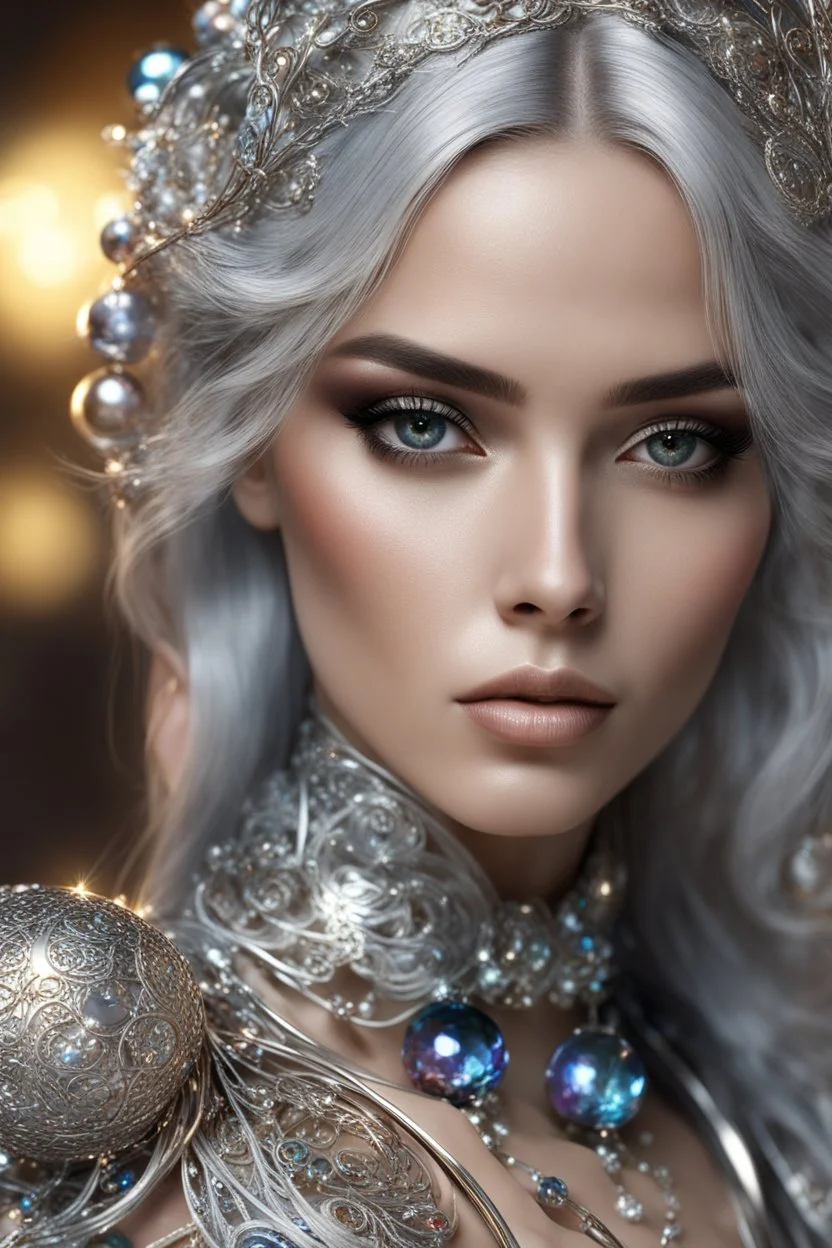 photography realistic portrait natural beauty of young woman, beautiful, shiny hard eyes, make up, Fantasy style, shiny baubles, ornate, large gemstones, shiny molten metalics, shiny wire filigree, silver hair, high definition, high res, octane render