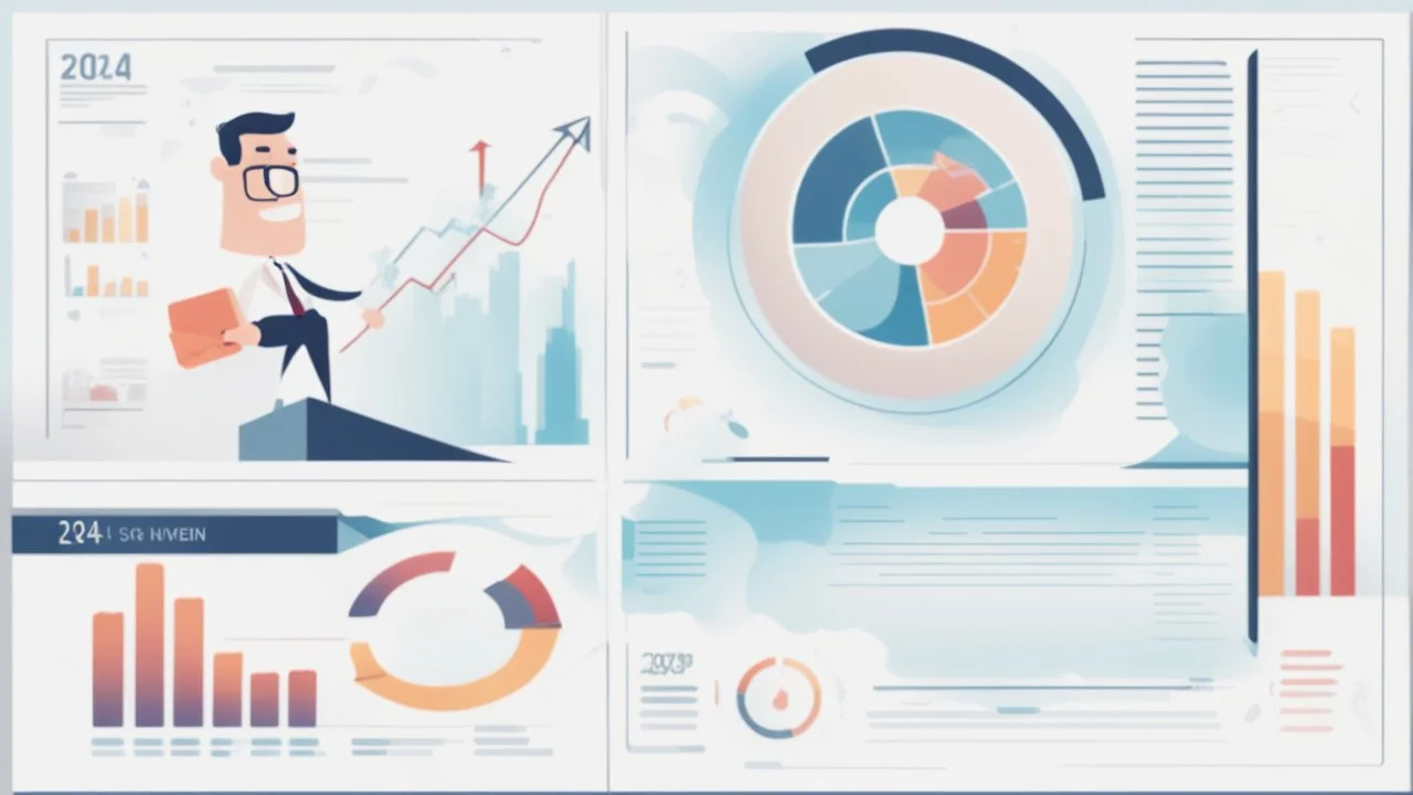 The image represents the success and prosperity of businesses and investments in 2024. It features a confident businessman standing with paper charts and a large screen displaying financial data and profitable projects. The image reflects a promising future vision for business and investment in the coming year, where successful projects can achieve significant financial success.