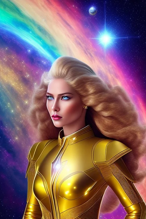 Beautiful tall woman Pleiadian galactic commander, ship, perfect detailed face, detailed golden galactic suit, high rank, long blond hair, hand with five perfect detailed fingers, amazing big blue eyes, smiling mouth, high definition lips, cosmic happiness, bright colours, blue, pink, gold, jewels, realistic, real photo, bright and sunny background, very detailed, high contrast, high definition 8k, pixel 512X512, unreal engine 5, extremely sharp details, light effect, br