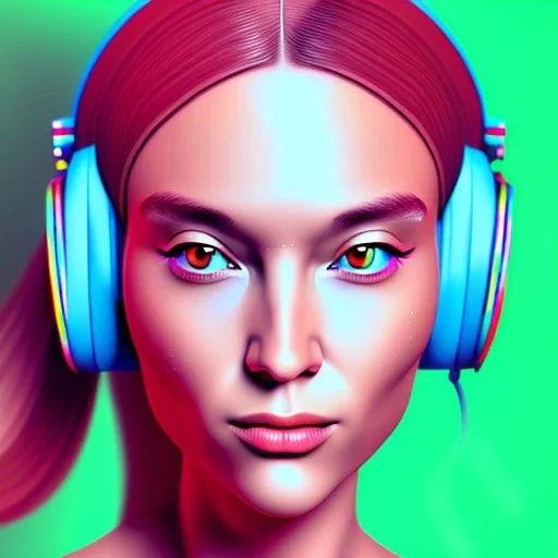 close-up of a female face with headphones in retro colors synth wavestyle, 2d digital vector art