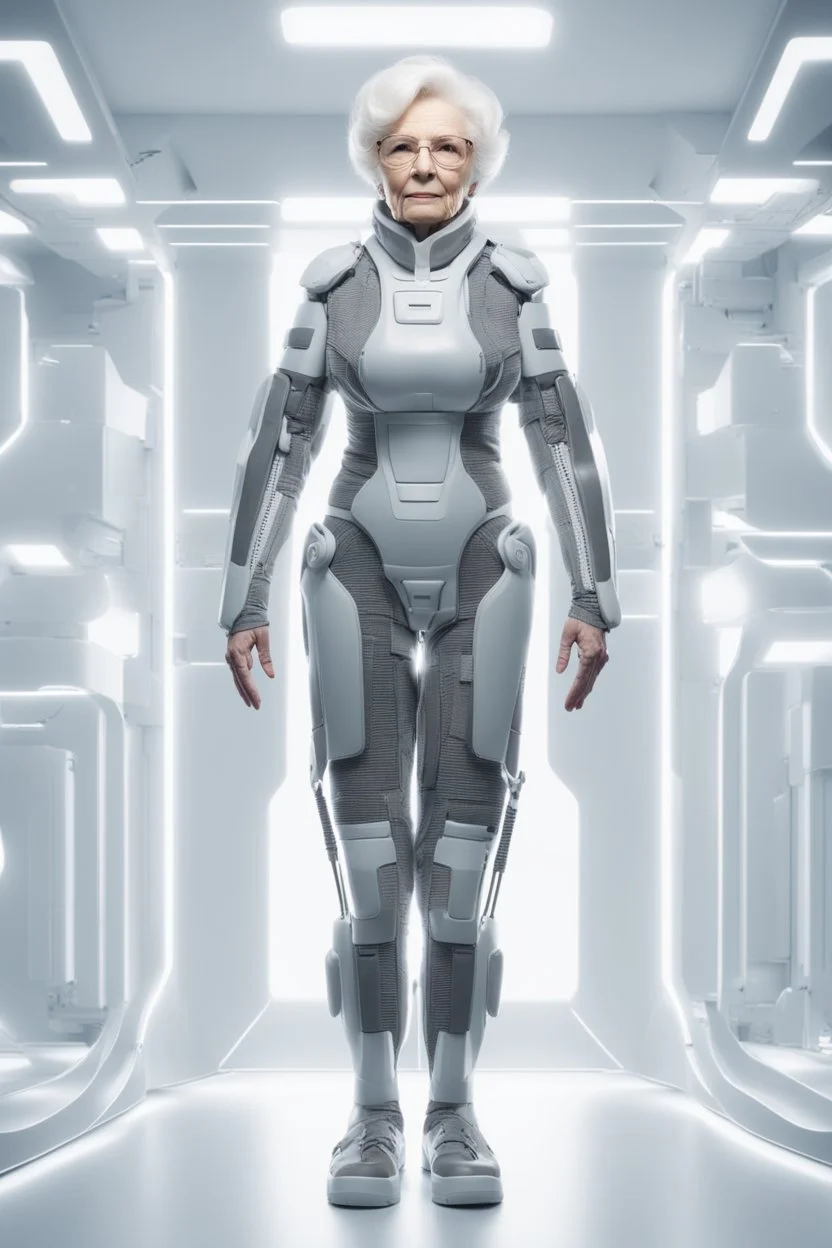 A full body portrait of a powerful old woman. HIgh tech future