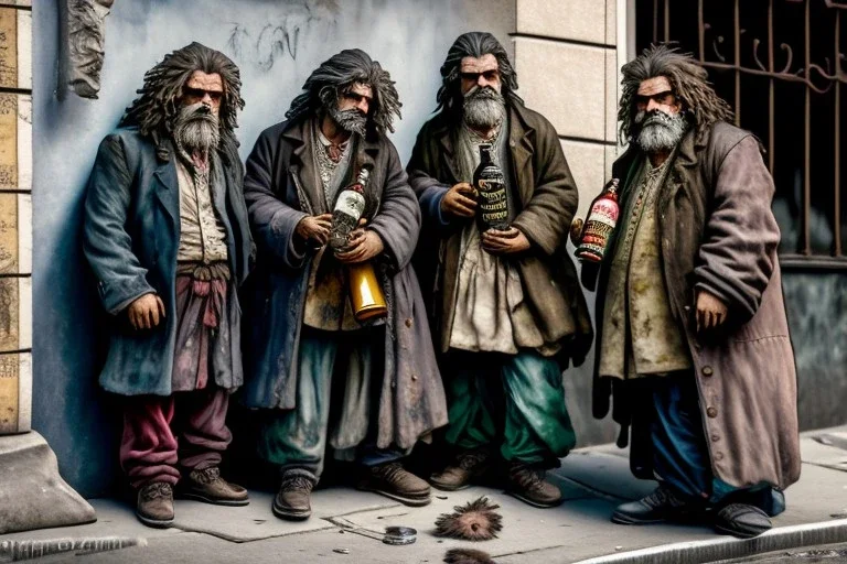 A group mature homeless street main coon cats with worn out clothes, standing in a corner on the street, holding wine bottles in their paws, Vienna, mourning, model style, hyper realistic, extremely accurate, delicate, extremely detaile, wide-angle, open aperture, pen and ink