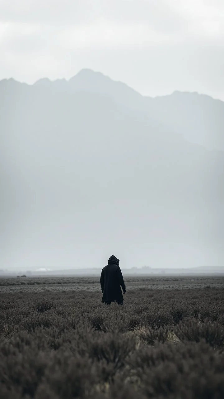 A field of barely at the end of the picture gray background an giant dark shadow of a hooded figure standing in under blurry , a huge mountains in the background cinematic, 8k