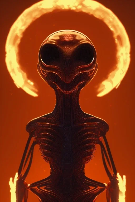 alien in the bitcoin, Fire theme art, Dark moody night atmosphere, , 8K, close-up face, anatomically perfect face