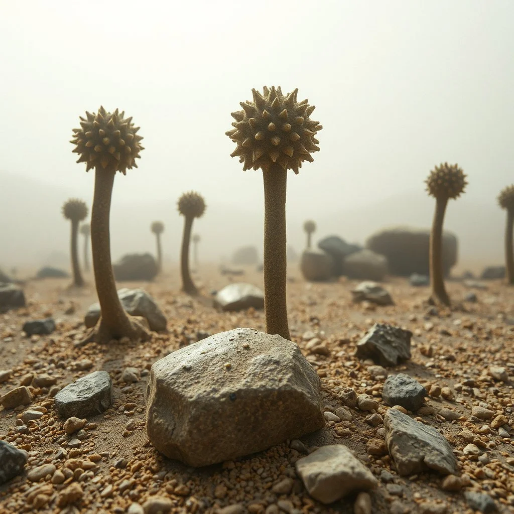 A striking quality close-up Kodak photograph captures a wasteland with odd stones, odd spindle-shaped objects, spooky, creepy, details of the dust very accentuated, glossy, organic, adorned with minerals and rocks, fog. Bathed in feeble light, eerie, Max Ernst style, black sun, fog