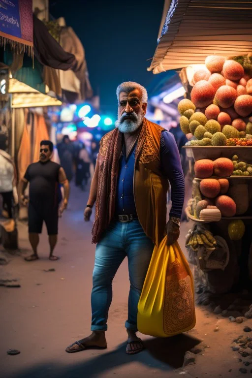 full body shot photography, iranian man at night, 55 years old with hands on the flap, manly chest, muscular chubby , curly beard, dirty, serious, stand up on a crowded street, sells watermelons at his stall, sweat, shirtless, open legs, bulging pants, long hair, ugly, big thighs, bullneck, big shoulders, photo realistic, photographic, super detailed, hyper realistic, UHD, midnight , misery and poverty, side light, frontal view from the ground, ambient occlusion