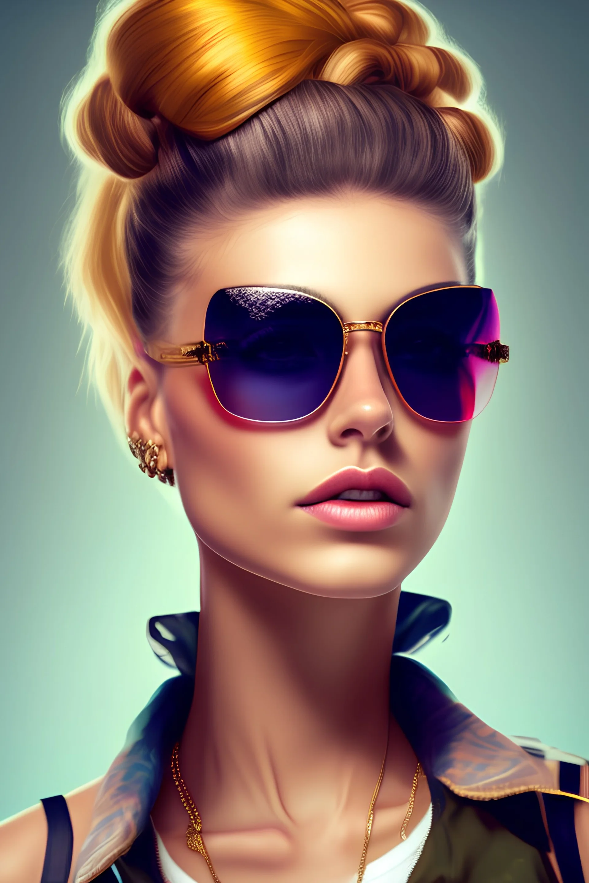 head of a girl with a very very high hairstyle on her head, hair up, sunglasses, bright makeup.