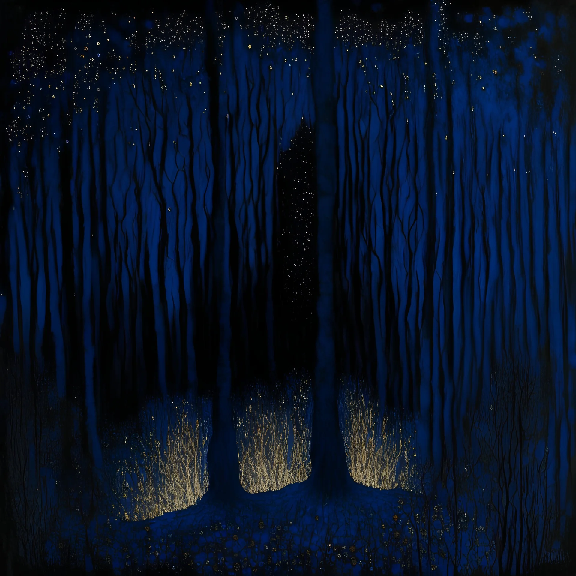 A small fire in the dark forest made by a lonely squatting figure painted in dark blue and payne grey's colours by Klimt