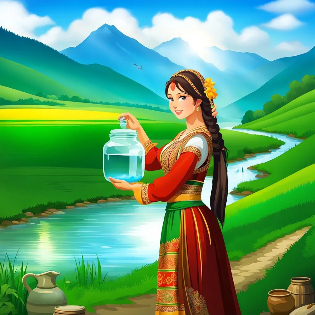 very nice country side with hills ,waterfall over a river with clear water,girls with perfect pretty face in folk costums and a jar, filling their jugs with water and some of them leaving while carring there jugs in there shouldes and 1beautiful girl with jug in shoulder in closeup , very nice mountains at distant, nice clouds in sky ,wide green field with flowers.