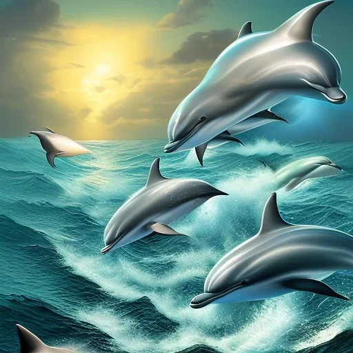 A surreal picture of an ocean scene where the Dolphins fly like bird's