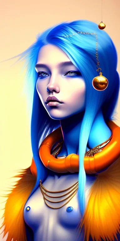 human kingfisher girl with blue hair and orange strand of hair wearing a blue winter coat and a gold necklace. kingfisher sitting on top of her head