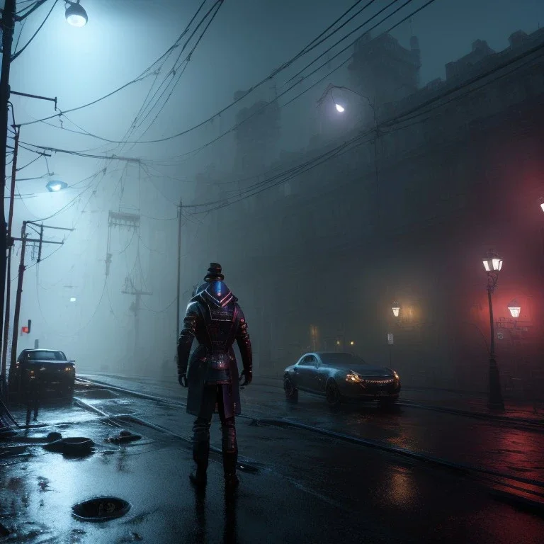 Sweet british man, cold ambient, rain, fog, latex, cables, purpurin, black, gold, rings piercing, brown, decorative color feathers, circuits, neon style, a lot of led lights, fog, rain, vibrant color, highly detailed, art stations, concept art, smooth, unreal engine 5, god rays, ray tracing, RTX, lumen lighting, ultra detail, volumetric lighting, 3d, finely drawn, high definition, high resolution.