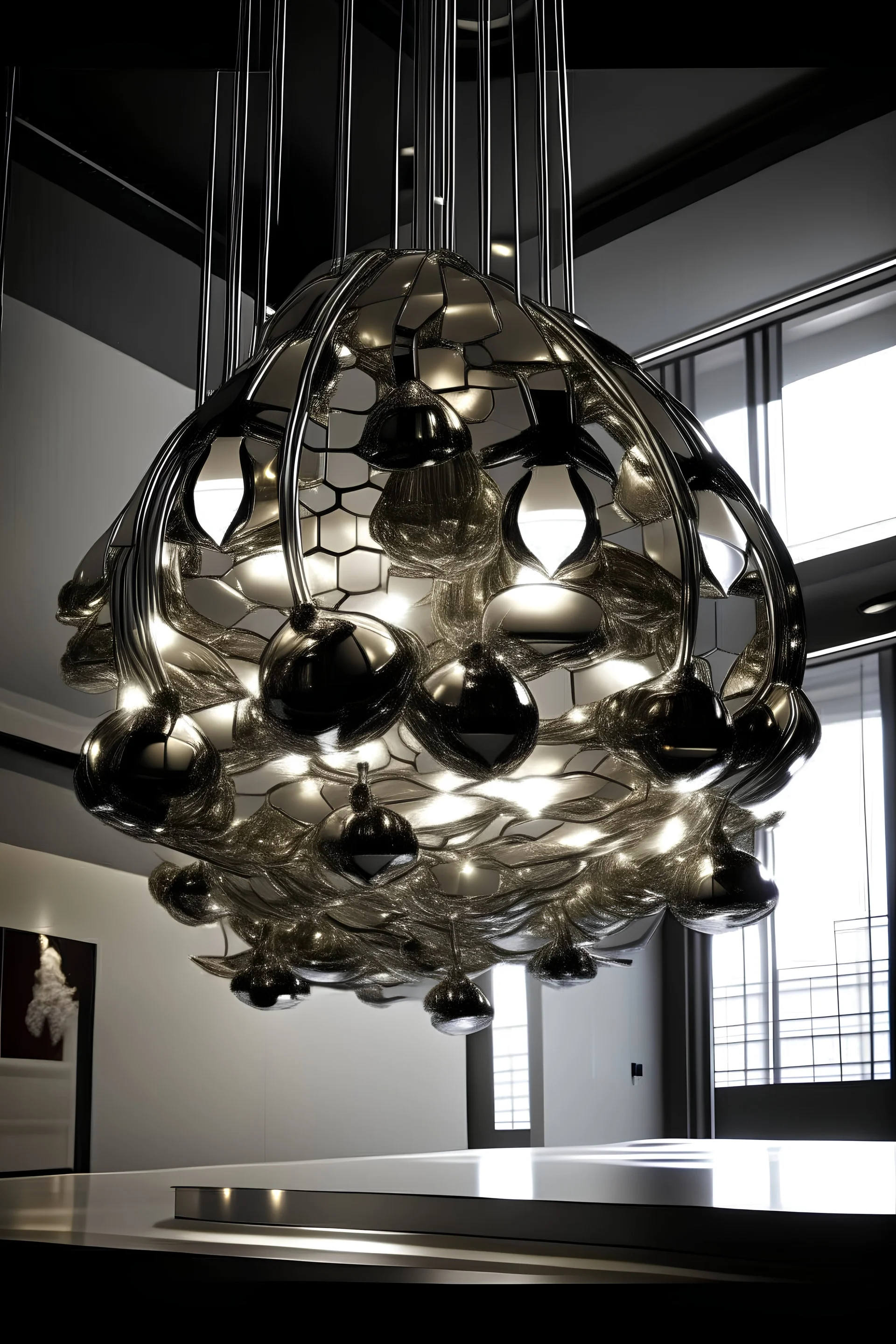 Hanging lampshade made out of mirrors that look like they have exploded