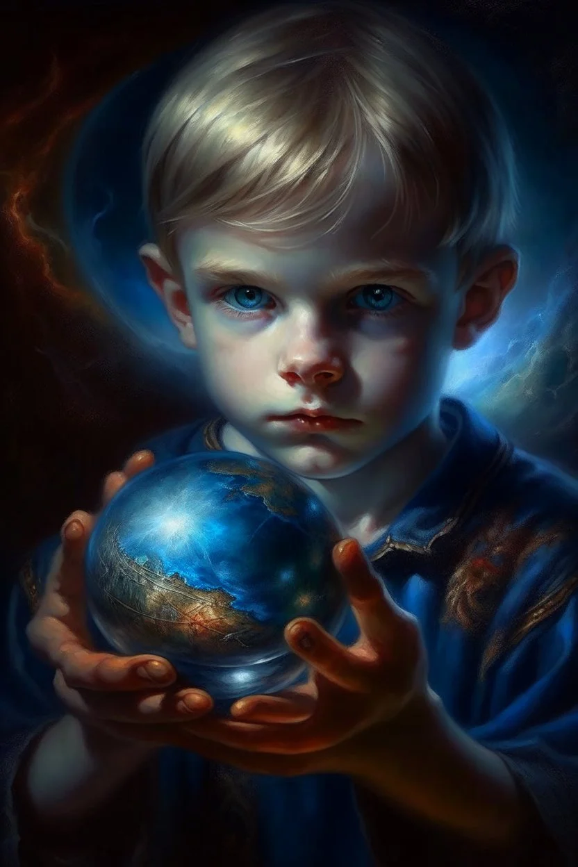 book cover illustration, oil painting portrait of metallic sleeping slightly cute smirking innocent blue eyed vampire holding small earth on a platter in one hand, bokeh , high detail, smooth render, prize winning, down light, depth of field, aura