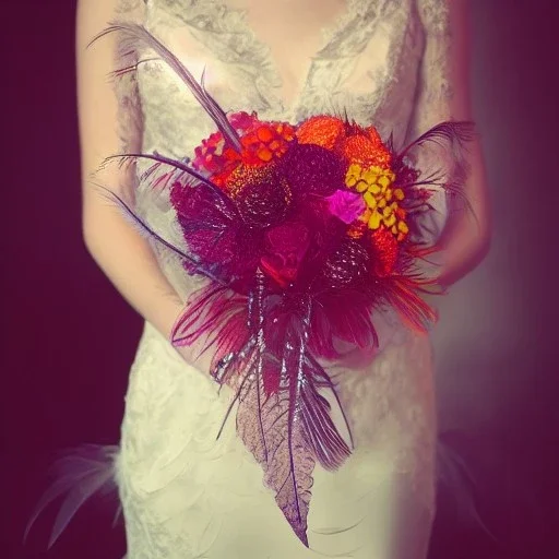 delicate bouquet of lace pearls and feathers, chiaroscuro, vivid colors, festive colors, dramatic lighting, beautiful composition, aesthetic layout