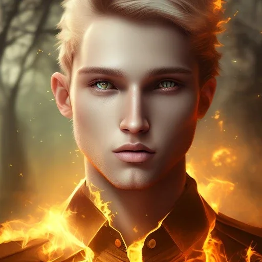 Male, Human, Blond, Sorcerer, Fire Mage, Golden Eyes, Young, Photorealism, Full Body Shot, Forest Background